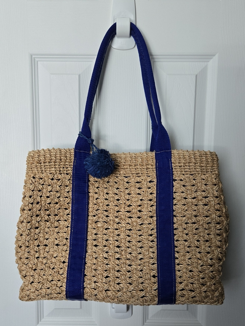 Woven Raffia Tote Straw Tote Bag with Blue Straps and Pom